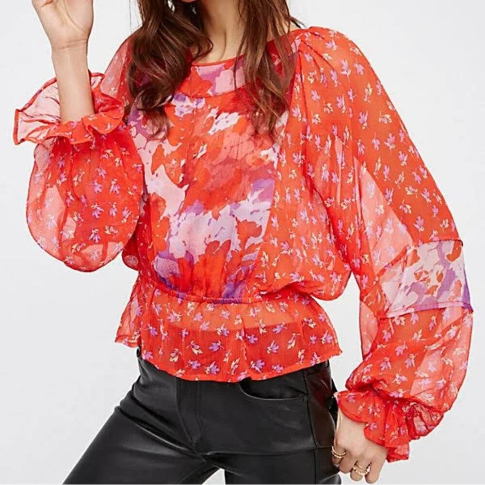 Free People Bold Red & Purple Floral Sheer Long Sleeve Keyhole Open Back Blouse